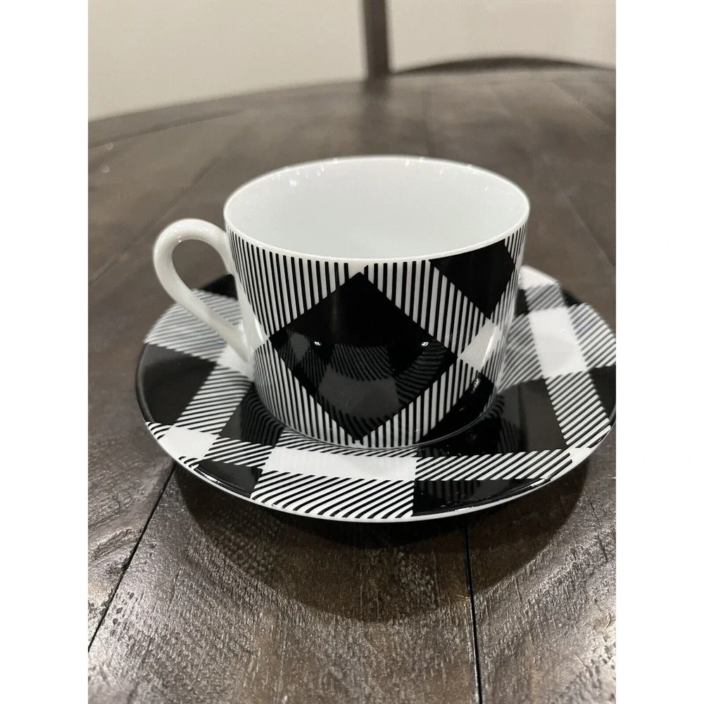 Fitz & Floyd Black and White Plaid Buffalo‎ Check Cup & Saucer Porcelain